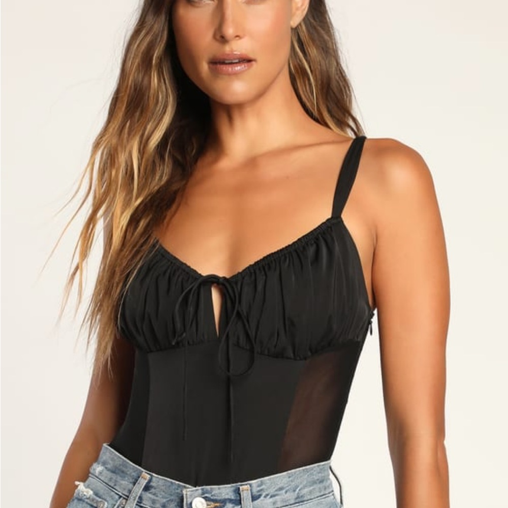 Stop meshing around black satin mesh bodysuit